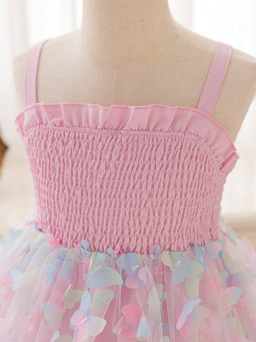Toddler Girls' Blue & Pink Layered 3D Butterfly Mesh Patchwork A-Line Dress,Easter