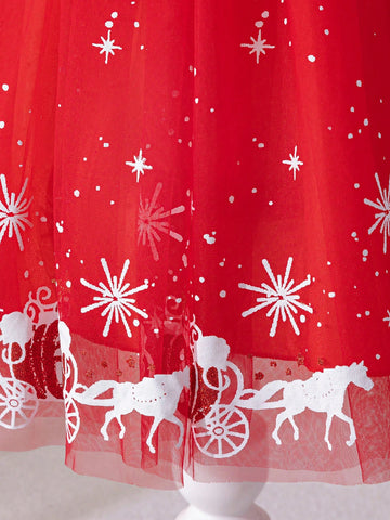 Glamorique Kids Young Girl Christmas & New Year Party Princess Dress, Elegant Party Gown With Ruffled Mesh Short Puff Sleeves