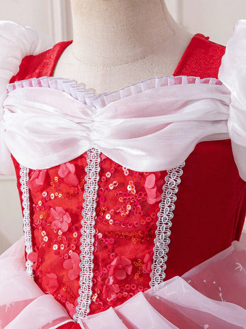 Glamorique Kids Young Girl Christmas & New Year Party Princess Dress, Elegant Party Gown With Ruffled Mesh Short Puff Sleeves