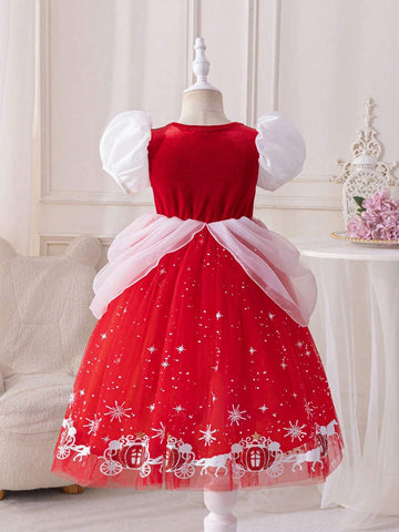 Glamorique Kids Young Girl Christmas & New Year Party Princess Dress, Elegant Party Gown With Ruffled Mesh Short Puff Sleeves