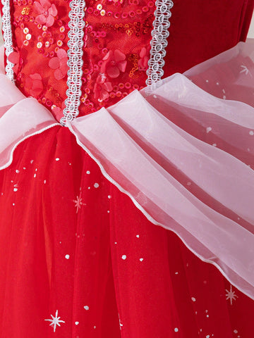 Glamorique Kids Young Girl Christmas & New Year Party Princess Dress, Elegant Party Gown With Ruffled Mesh Short Puff Sleeves