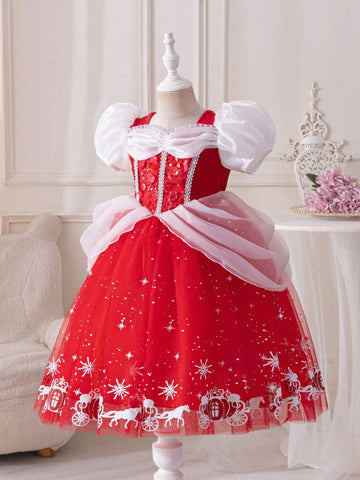 Glamorique Kids Young Girl Christmas & New Year Party Princess Dress, Elegant Party Gown With Ruffled Mesh Short Puff Sleeves