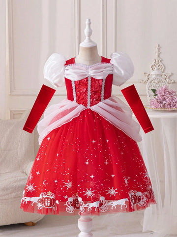 Glamorique Kids Young Girl Christmas & New Year Party Princess Dress, Elegant Party Gown With Ruffled Mesh Short Puff Sleeves