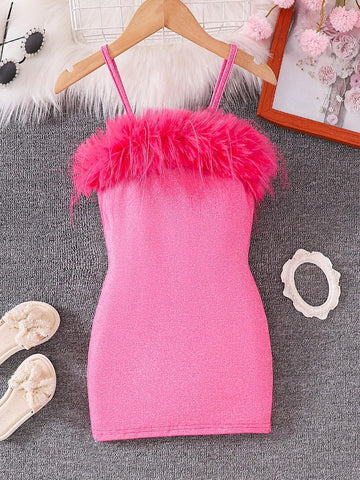 Kids Young Girl Feather Trim Spaghetti Strap Patchwork Summer Dress