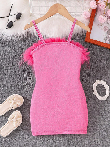 Kids Young Girl Feather Trim Spaghetti Strap Patchwork Summer Dress