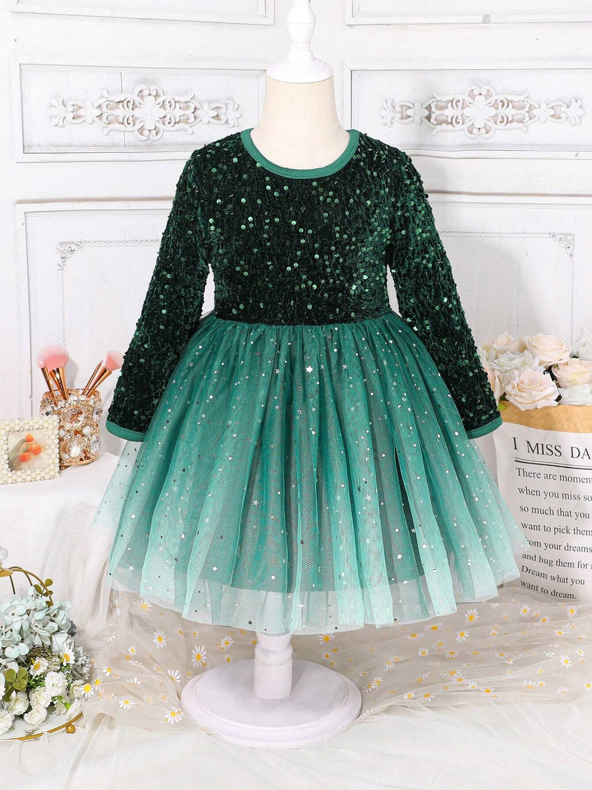 Kids Young Girl Gradient Sequin & Mesh Patchwork Elegant Long Sleeve Dress