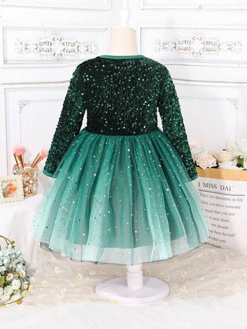 Kids Young Girl Gradient Sequin & Mesh Patchwork Elegant Long Sleeve Dress