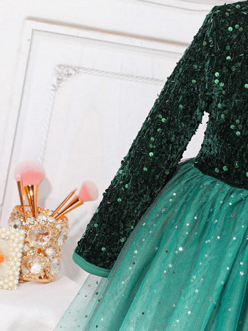 Kids Young Girl Gradient Sequin & Mesh Patchwork Elegant Long Sleeve Dress