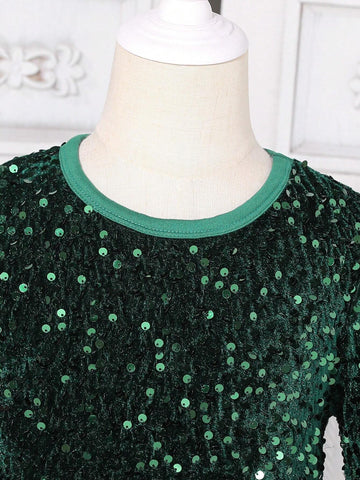 Kids Young Girl Gradient Sequin & Mesh Patchwork Elegant Long Sleeve Dress