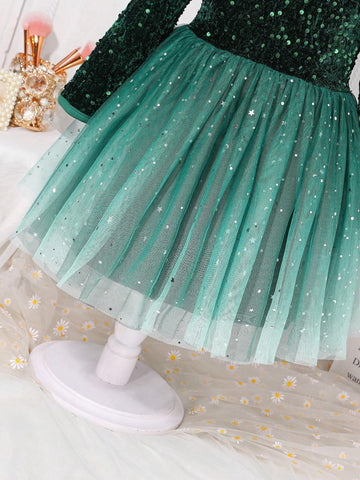 Kids Young Girl Gradient Sequin & Mesh Patchwork Elegant Long Sleeve Dress