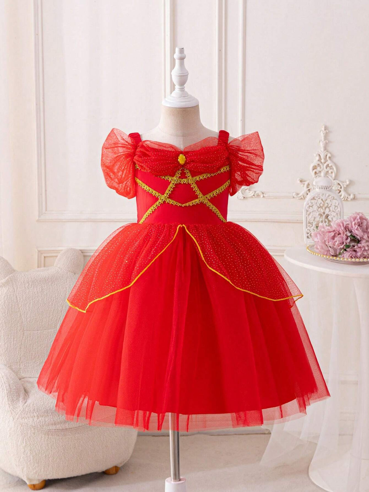 Kids Young Girl Red Sleeveless Mesh Patchwork Ruffle Hem Party/Halloween/Christmas Dress