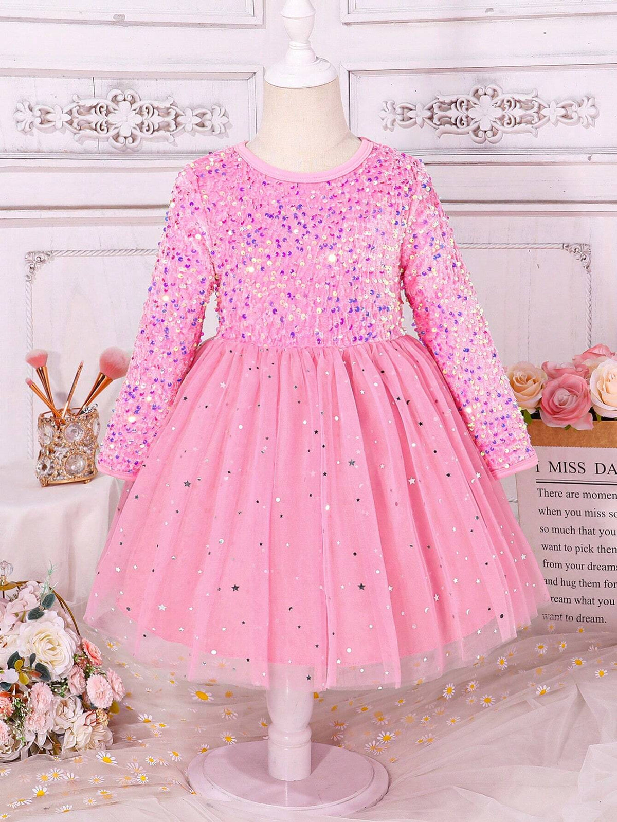 Kids Young Girl Round Neck Long Sleeve Mesh Patchwork Sequin Decorated Dress