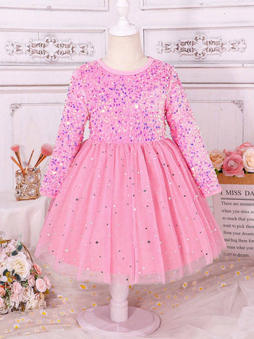 Kids Young Girl Round Neck Long Sleeve Mesh Patchwork Sequin Decorated Dress