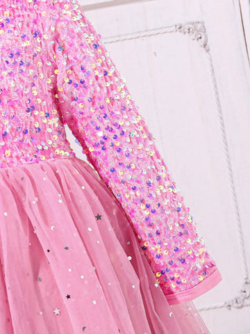 Kids Young Girl Round Neck Long Sleeve Mesh Patchwork Sequin Decorated Dress