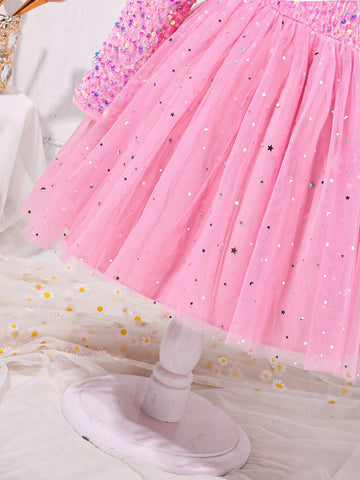 Kids Young Girl Round Neck Long Sleeve Mesh Patchwork Sequin Decorated Dress