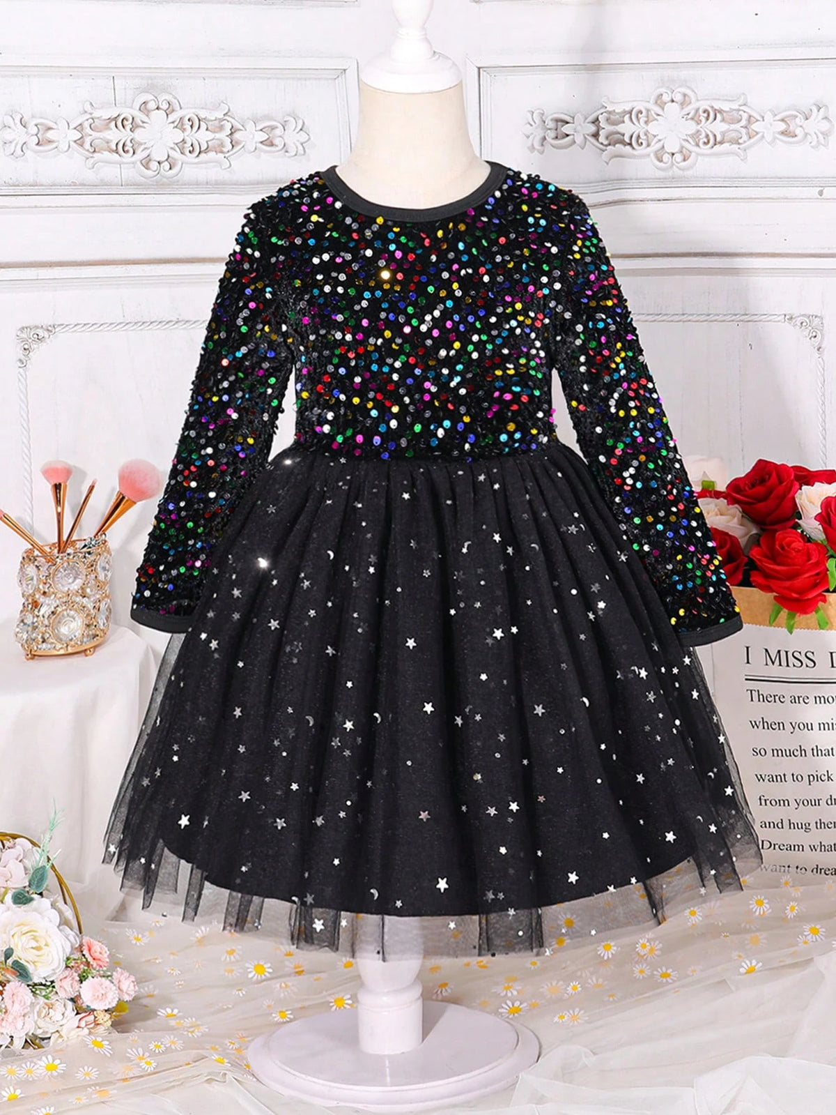 Young Girl Round Neck Long Sleeve Mesh Splicing Sequin Decor Party Dress
