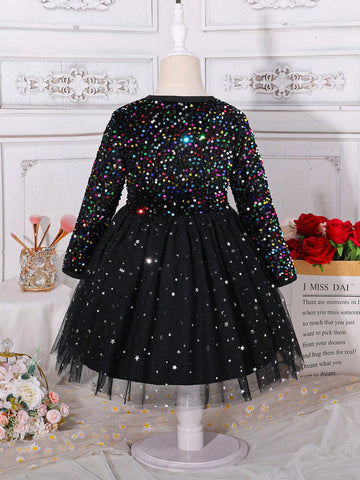 Young Girl Round Neck Long Sleeve Mesh Splicing Sequin Decor Party Dress