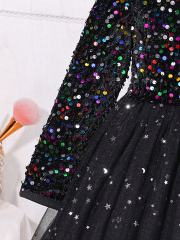 Young Girl Round Neck Long Sleeve Mesh Splicing Sequin Decor Party Dress