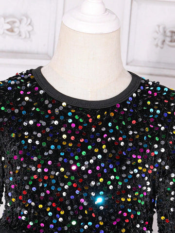 Young Girl Round Neck Long Sleeve Mesh Splicing Sequin Decor Party Dress