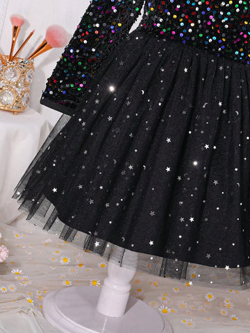 Young Girl Round Neck Long Sleeve Mesh Splicing Sequin Decor Party Dress