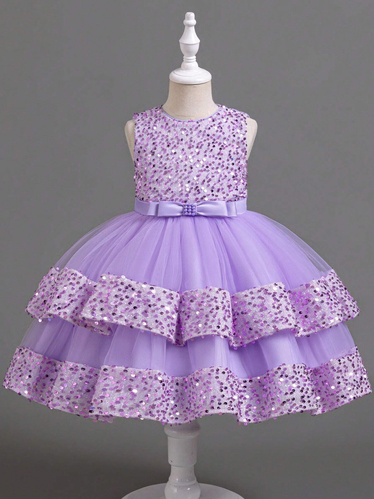 Young Girl Sequin Contrast Color Sleeveless Mesh Contrast Party Dress