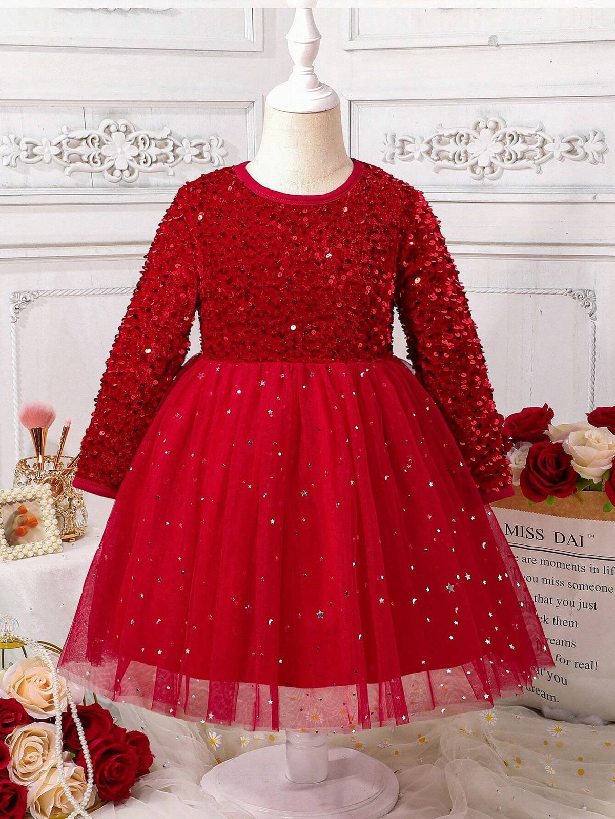 Kids Young Girl's Fashion Sequin Contrast Mesh Dress