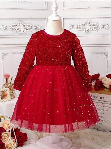 Kids Young Girl's Fashion Sequin Contrast Mesh Dress