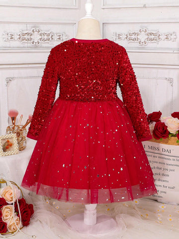 Kids Young Girl's Fashion Sequin Contrast Mesh Dress