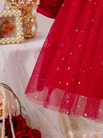 Kids Young Girl's Fashion Sequin Contrast Mesh Dress