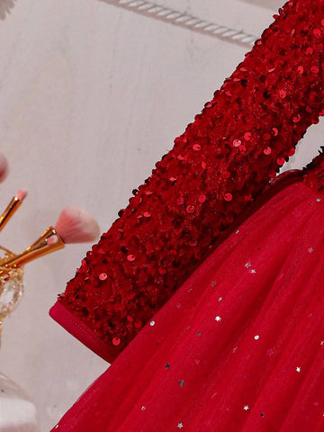 Kids Young Girl's Fashion Sequin Contrast Mesh Dress