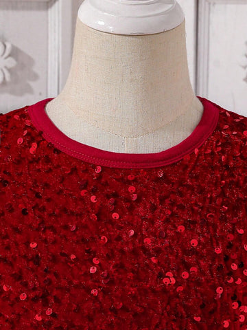 Kids Young Girl's Fashion Sequin Contrast Mesh Dress