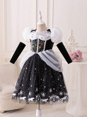 Kids Young Girl's Pumpkin Print Princess Dress, Black Mesh, Puff Sleeves, Metallic Ribbon, Sequin Floral Decor