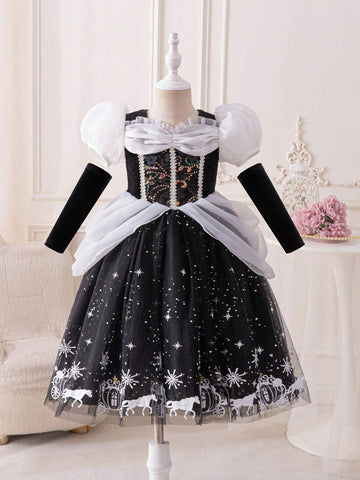 Kids Young Girl's Pumpkin Print Princess Dress, Black Mesh, Puff Sleeves, Metallic Ribbon, Sequin Floral Decor