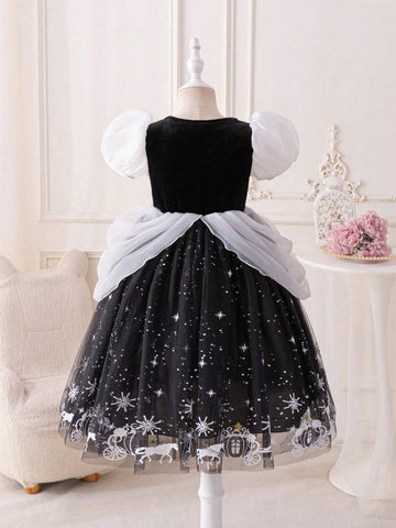 Kids Young Girl's Pumpkin Print Princess Dress, Black Mesh, Puff Sleeves, Metallic Ribbon, Sequin Floral Decor