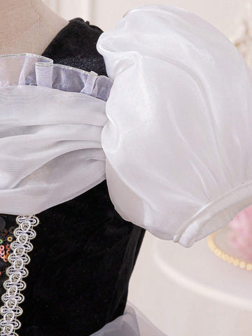 Kids Young Girl's Pumpkin Print Princess Dress, Black Mesh, Puff Sleeves, Metallic Ribbon, Sequin Floral Decor