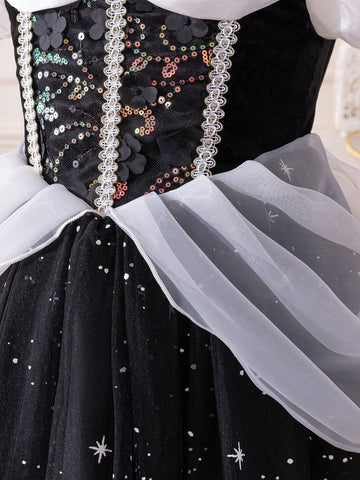 Kids Young Girl's Pumpkin Print Princess Dress, Black Mesh, Puff Sleeves, Metallic Ribbon, Sequin Floral Decor