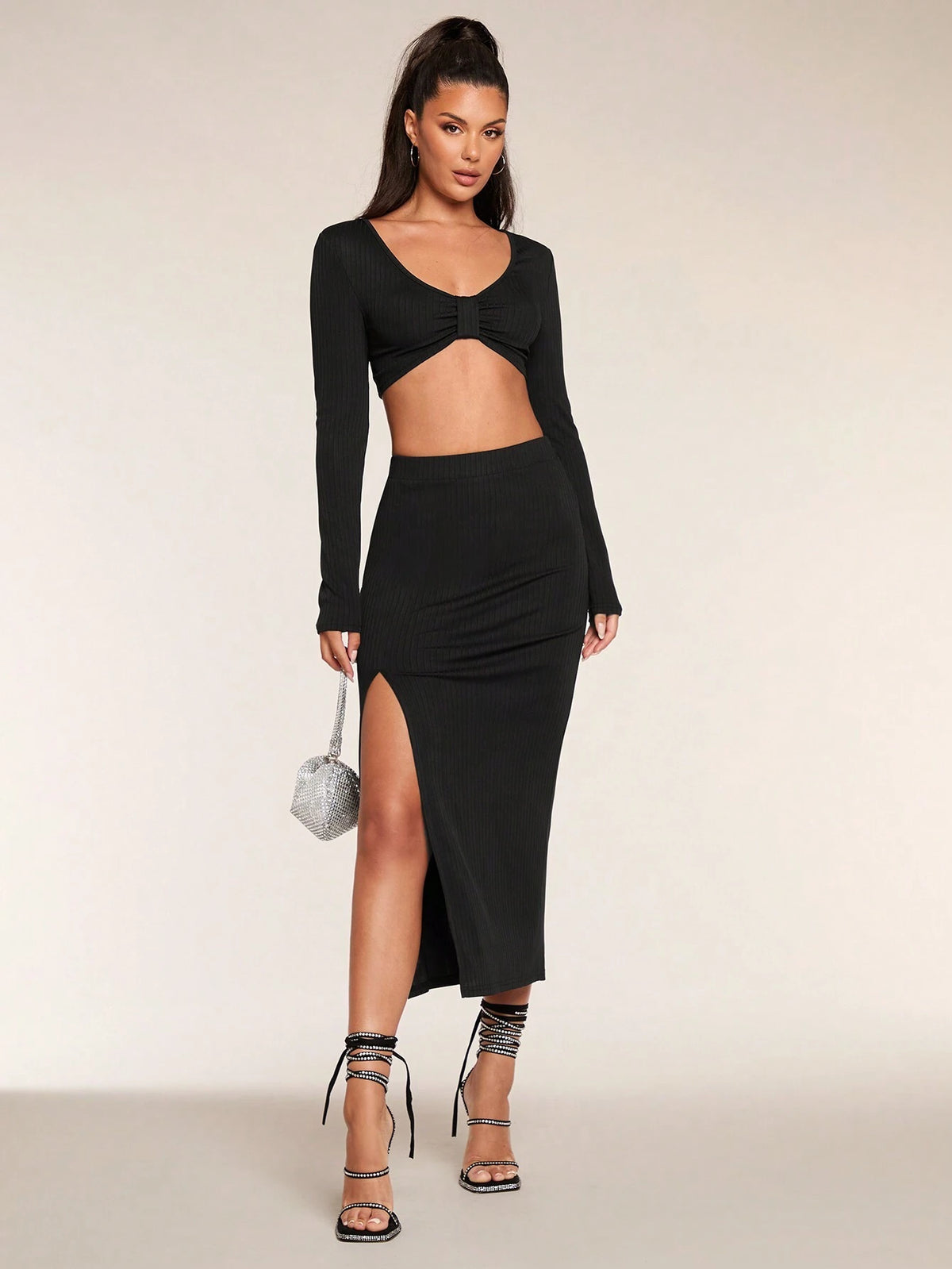 2pcs Sexy Black Long Sleeve Cropped Top + Split Hem Bodycon Mini Skirt Set