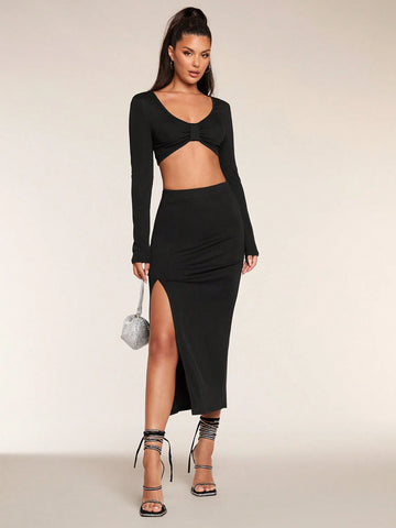 2pcs Sexy Black Long Sleeve Cropped Top + Split Hem Bodycon Mini Skirt Set