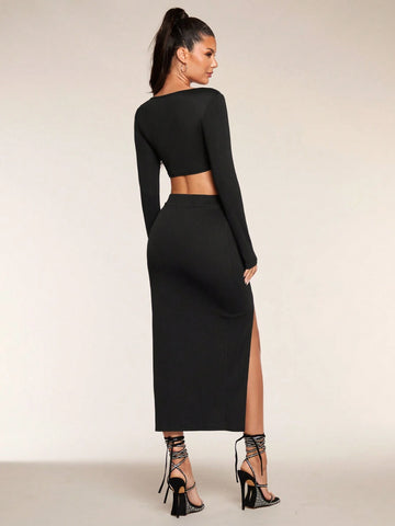 2pcs Sexy Black Long Sleeve Cropped Top + Split Hem Bodycon Mini Skirt Set