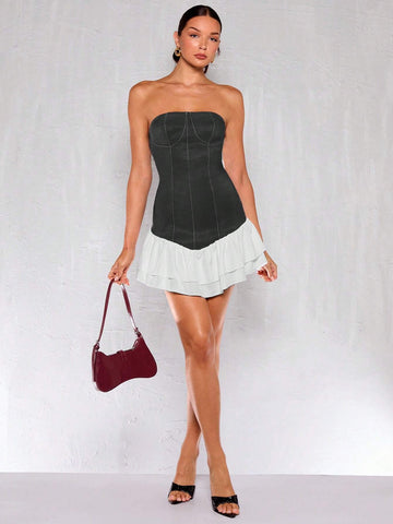 Fitted Women Asymmetric Hemline Sleeveless Tube Dress