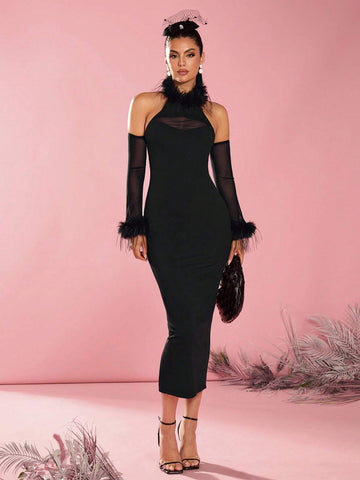 Fluffy Trim Mesh Panel Sleeve Split Hem Dress For Ladies