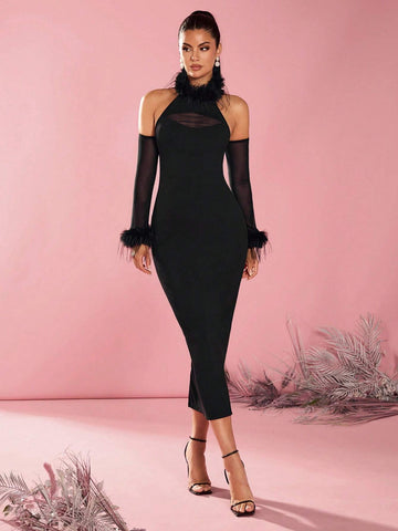 Fluffy Trim Mesh Panel Sleeve Split Hem Dress For Ladies