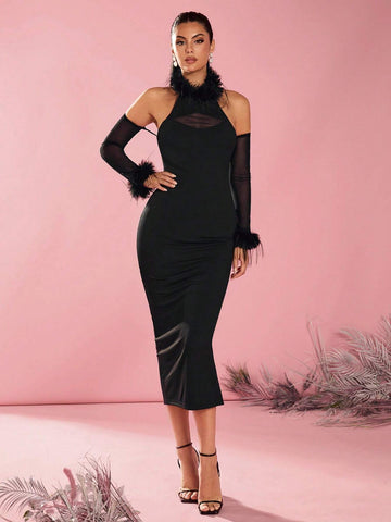 Fluffy Trim Mesh Panel Sleeve Split Hem Dress For Ladies