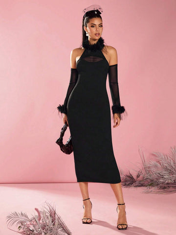 Fluffy Trim Mesh Panel Sleeve Split Hem Dress For Ladies