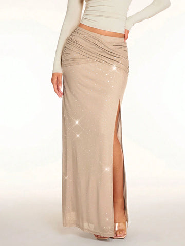 Glamour Four Seasons Beige High Waist Mesh Fabric Sequin Split Thigh Front Waist Wrap Ruched Elegant Glam Fitted Maxi Women Mermaid Skirt