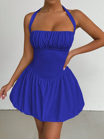 Sexy Summer Backless Ruched Mini Dress With Gathered Skirt