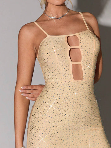 Women Solid Color Hollow Out High Elasticity Rhinestone Slim Fit Camisole Dress