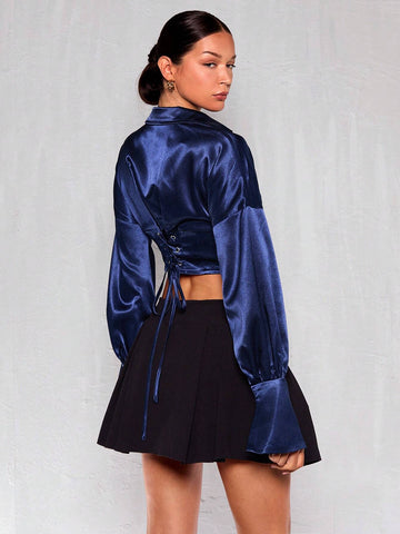 Glamour Women Solid Color Lantern Sleeve Tie Back Waist Blouse