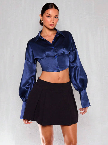 Glamour Women Solid Color Lantern Sleeve Tie Back Waist Blouse