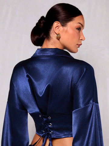 Glamour Women Solid Color Lantern Sleeve Tie Back Waist Blouse